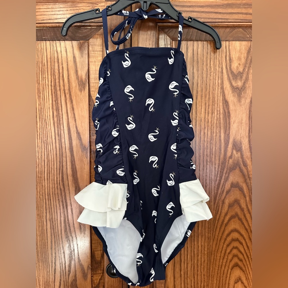 Navy Blue Kids Swimsuit with Swan Print